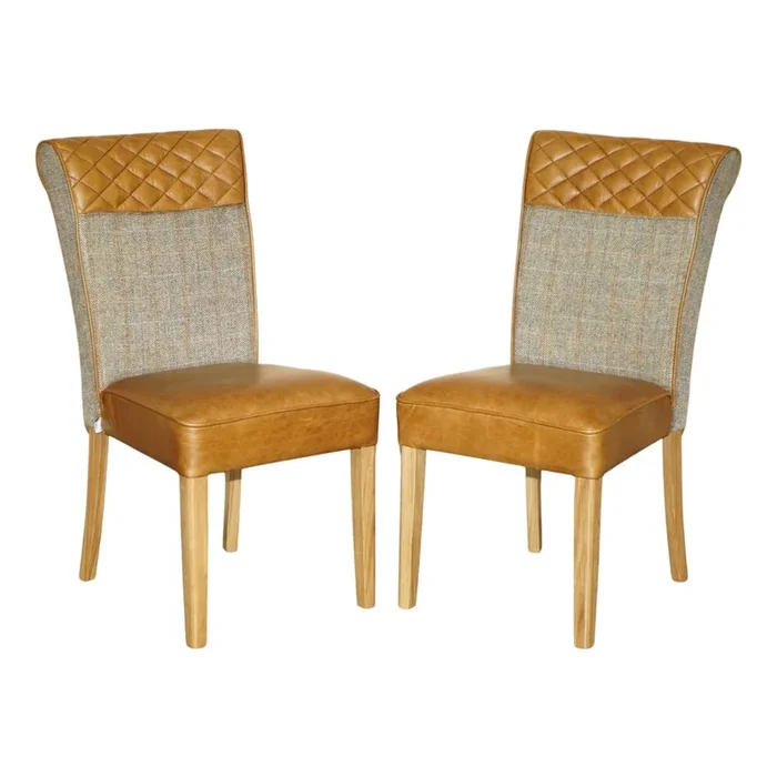 Set of Chesterfield Harris Tweed and Brown Leather Hall Chairs