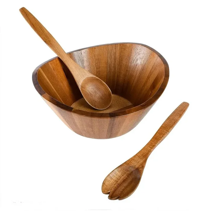 Sherwood 3-Piece Acacia Wood Salad Bowl and Serving Utensil Set in Brown