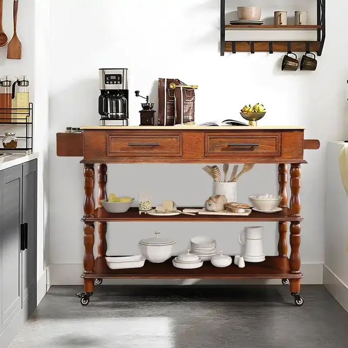 Solid Wood Natural Top Brown Rolling Kitchen Cart Wine and Spice Rack, 2-Drawers