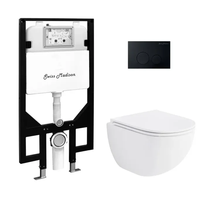 St. Tropez Wall-Hung Toilet, Round, 3-Piece Bundle 0.8/1.6 GPF Dual Flush in Glossy White with Black Flush Plate