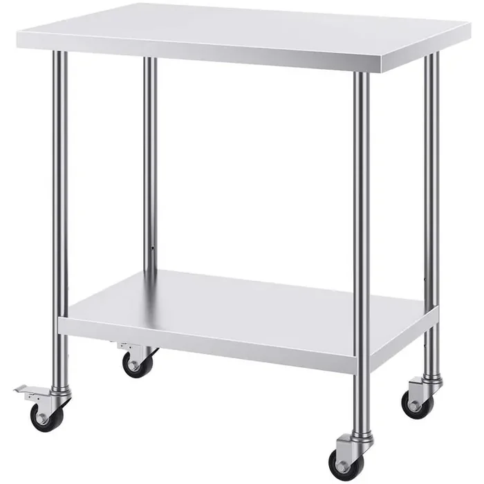 Stainless Steel Work Table 24 x 36 x 38 In., Silver Kitchen Prep Table with 4 Wheels, 3 Adjustable Height Levels