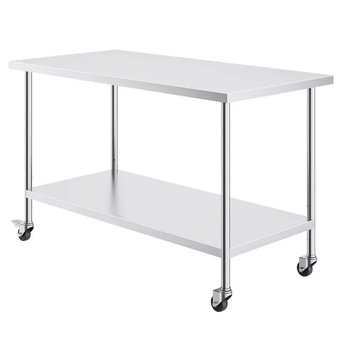 Stainless Steel Work Table Silver Kitchen Prep Table 30 x 60 x 38 In, with 4 Wheels, 3 Adjustable Height Levels