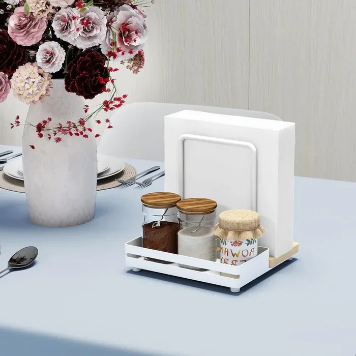 Standing White Wood Metal Napkin Holder Paper Dispenser with Salt Pepper Shakers Caddy for Kitchen Countertop Decor