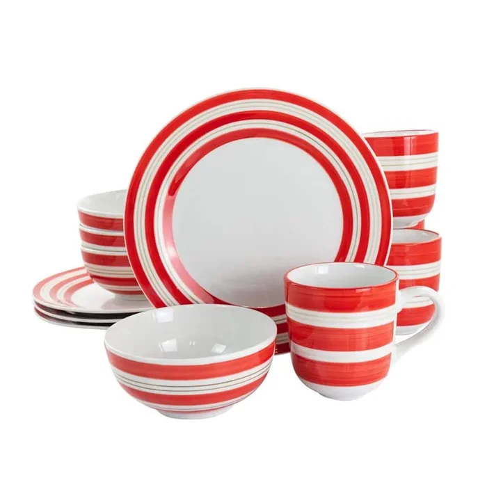 Sunset Stripes 12 Piece Round Fine Ceramic Dinnerware Service Set For 4 in Red