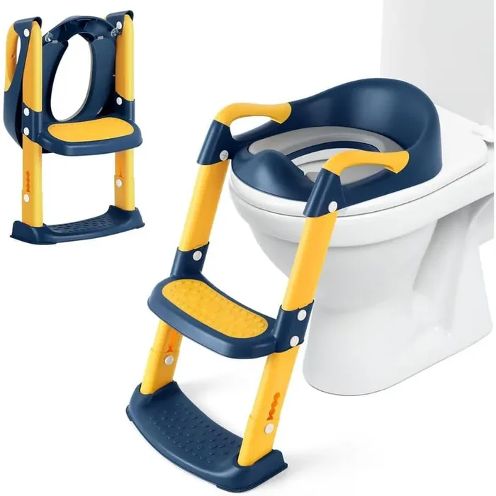Toddler Round Toilet Seat with Step Stool Foldable Potty-Training Seat in Blue Yellow