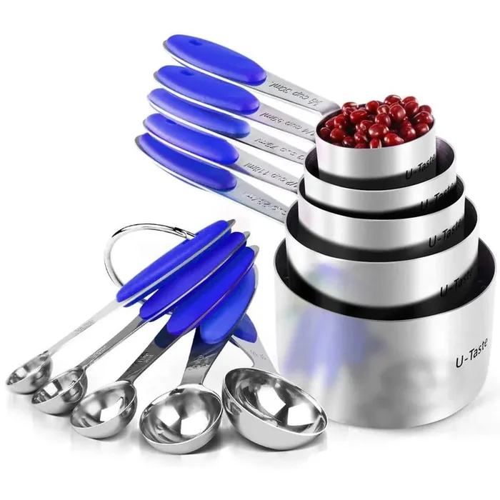Upgraded 10-Piece Stainless Steel Blue Measuring Cup Set with Dishwasher Safe