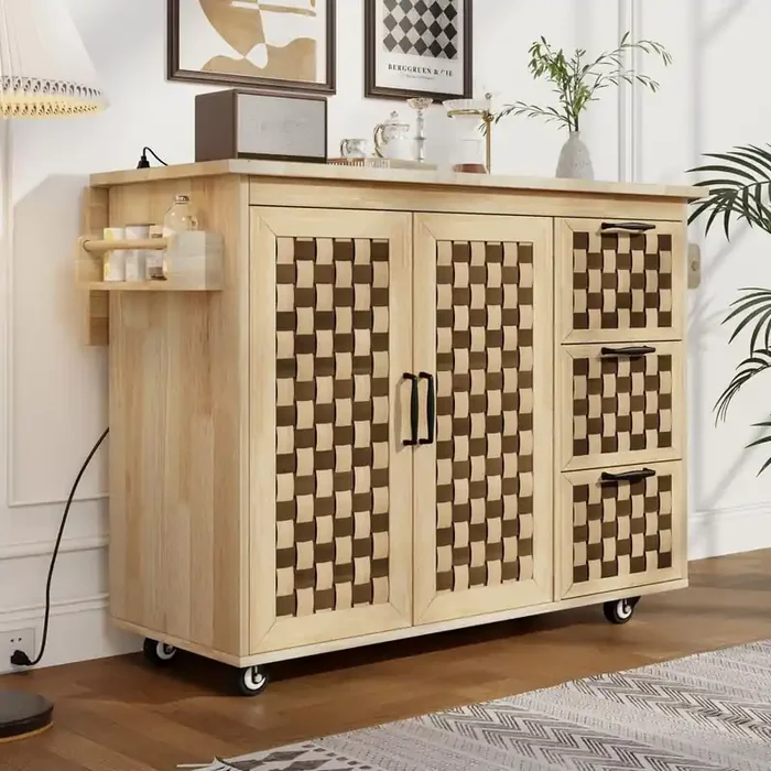 Vintage Natural Drop Leaf Wood Top 53.2 in. Kitchen Island Cart with Power Outlet, Storage Rack, Adjustable Shelf