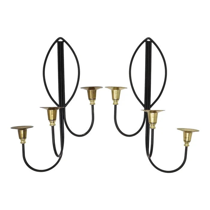 Vintage Tommi Parzinger Style Iron and Brass Wall Candle Sconces – A Pair