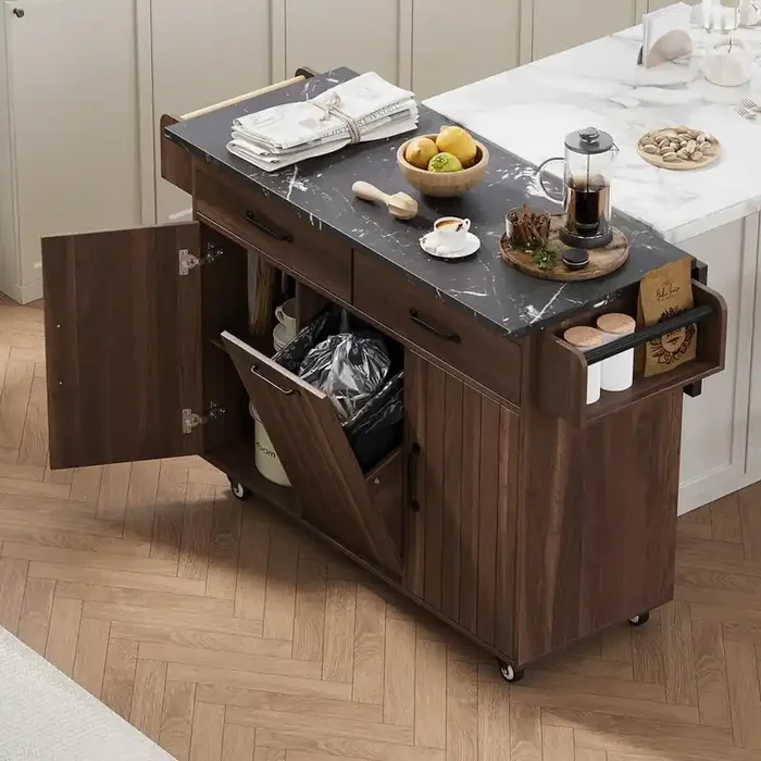 Walnut Brown Wood 51 in. Kitchen Island with Drop Leaf, Rolling Kitchen Cart with Trash Can Storage Cabinet and Drawer