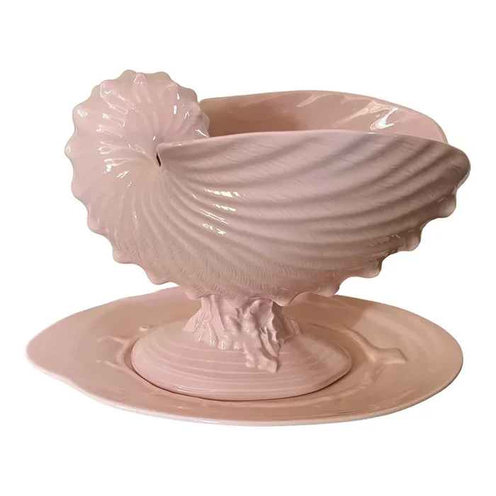 Wedgwood Porcelain Centerpiece – Pink Nautilus Sea Shell Compote Tureen With Clam Shell Under Tray
