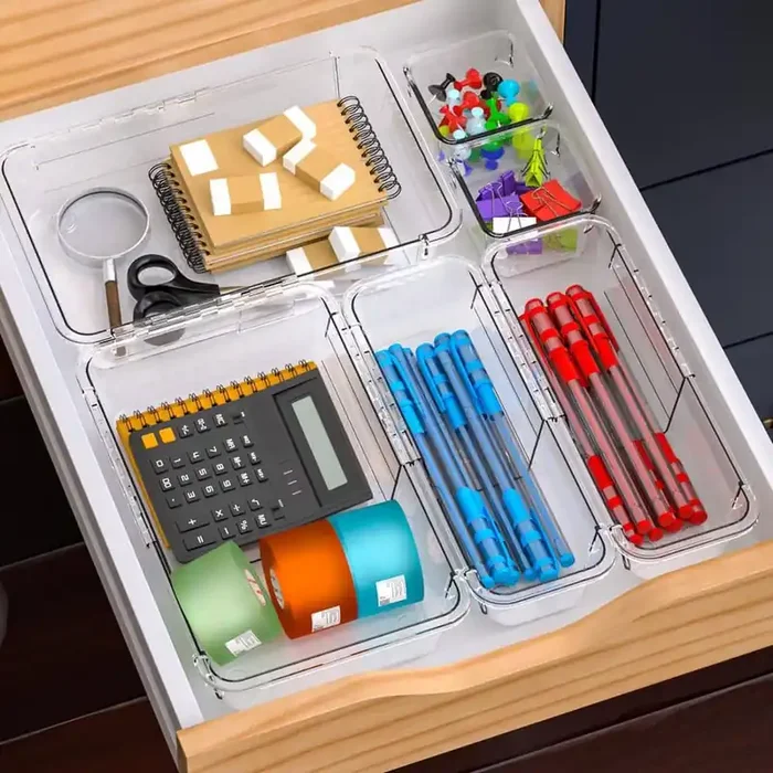 White 14-Piece Adjustable Drawer Organizer Set 3 Sizes 7-10.4 x 6.2 x 2.2 in. Clear PET Plastic Modern Style Storage Bin