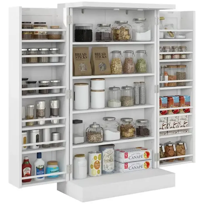 White 5-Tier Shelf 12-Spice Racks 41 in. Kitchen Pantry Storage Cabinet, with Double Doors and Adjustable Shelves