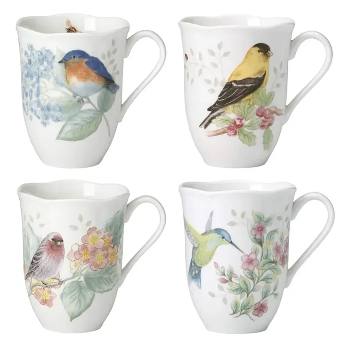White Butterfly Meadow Flutter 12 oz. Porcelain Multi Color Coffee/Tea Beverage Mugs (Set of 4)