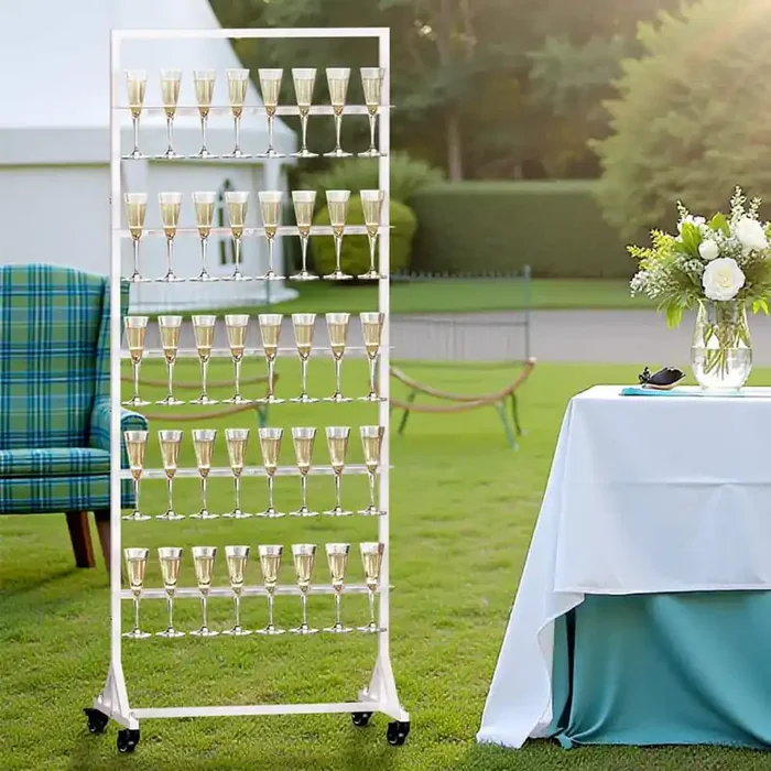 White Freestanding 5-Tier Metal Wine Glass Rack with Swivel Casters Holds 40 Glasses for Parties and Events