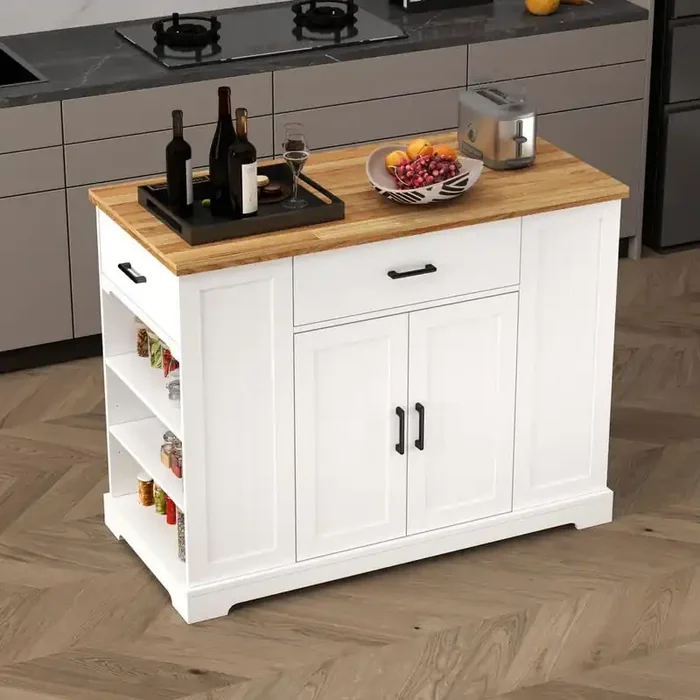 White Kitchen Cart with Rubber Wood Tabletop, Adjustable Shelves and Drawers