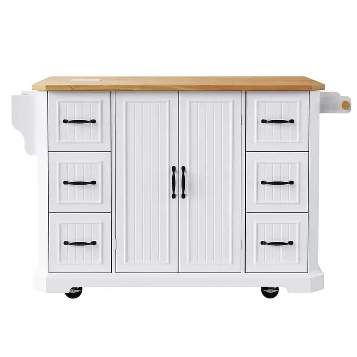 White Kitchen Cart with Rubber Wood Veneer Drop Leaf, Power Outlet, Door Shelves, Wheels, Deep Drawers