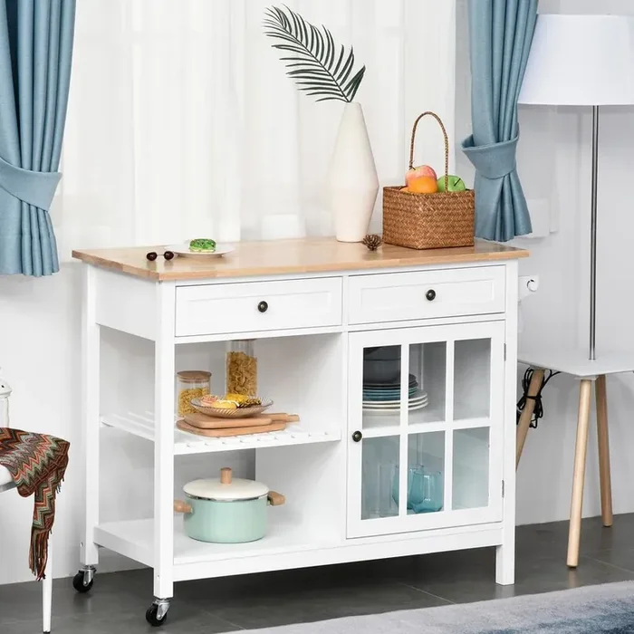 White Kitchen Island Cart with Rubberwood Surface, 2-Cabinets and Drawers