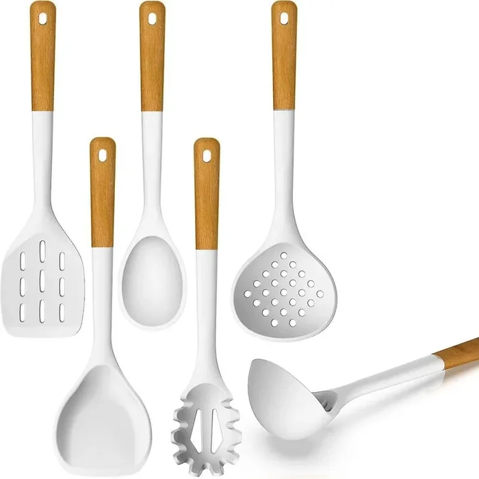 White Large Silicone Cooking Utensils Set with Heat Resistant Silicone and Wooden Handles, Non-Stick, BPA Free