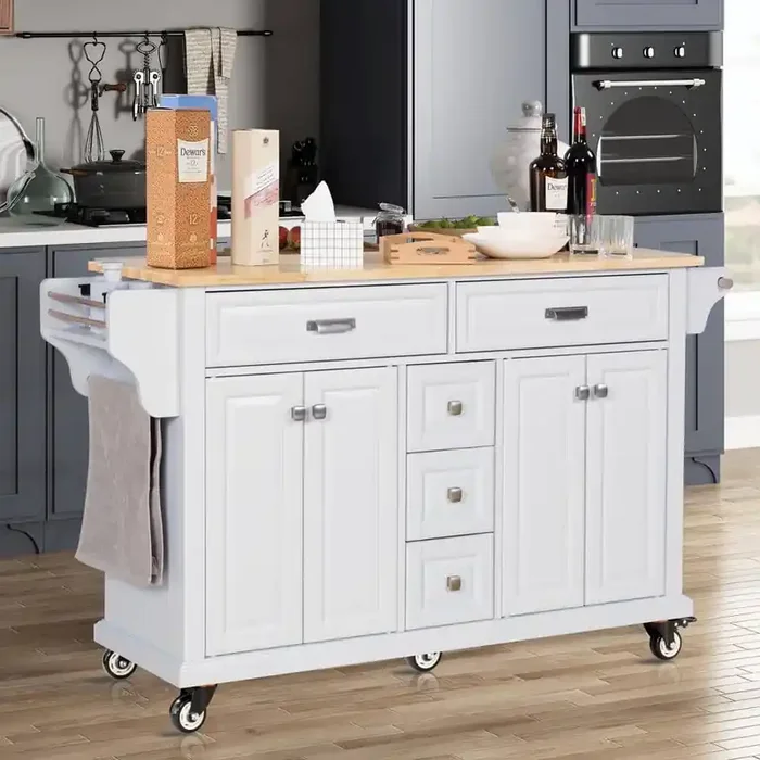 White MDF Kitchen Cart with 4 Door Cabinet, Spice Rack and Towel Rack