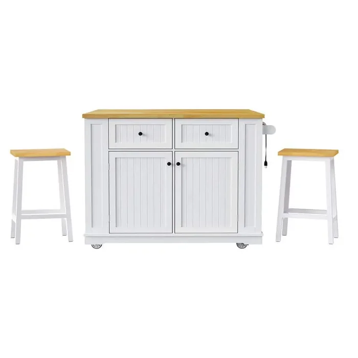 White MDF Kitchen Cart with Drop Leaf, 5 Open Side Racks, 5 Wheels and 2 Drawers