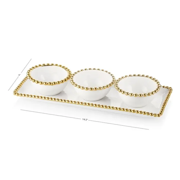White Porcelain 3 Bowl Relish Dish with Gold Beaded Design