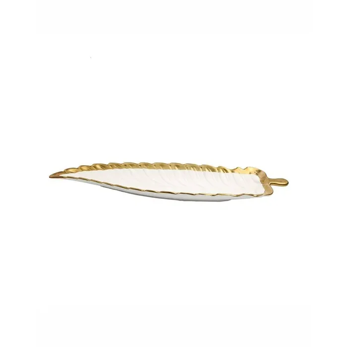 White Porcelain Leaf Dish with Gold Rim