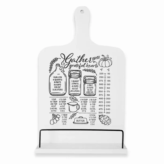 White Recipe Stand with Measurement Conversion Chart Adjustable Wood Cookbook Holder Kitchen Counter Organizer