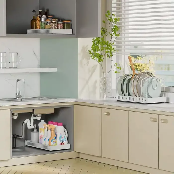 White Slide-out Drawer Pot and Pan Organizer Pull-Out Kitchen Cabinet Storage Rack with Adjustable Dividers 2 Pack