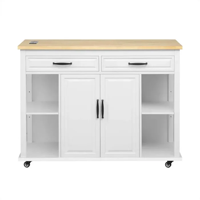 White Wood 47 in. Kitchen Island with Extendable Dining Table and Internal Storage Rack