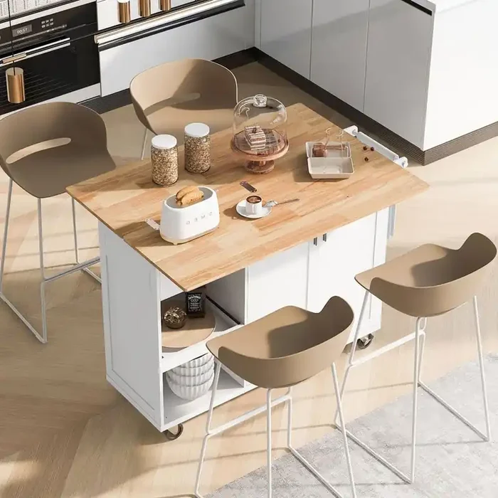 White Wood 49 in. Kitchen Island Cart with Folding Panels/Slide-Out Shelves/Towel Rack and Drawer