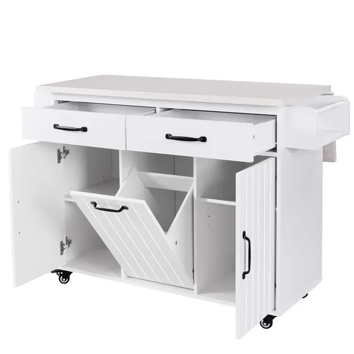 White Wood 51 in. Kitchen Island with Trash Can, Drop Leaf, Drawers and Adjustable Shelf