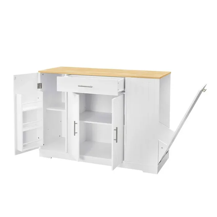 White Wood 53.2 in. Large Kitchen Island with Drawer, Trash Can and Adjustable Shelves