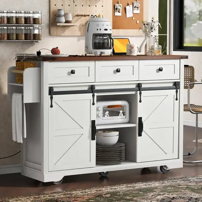 White Wood 53.75 in. Kitchen Island with Drawer, Drop Leaf, Towel Rack, Spice Rack, Wheel, Slide Barn Door, Power Outlet