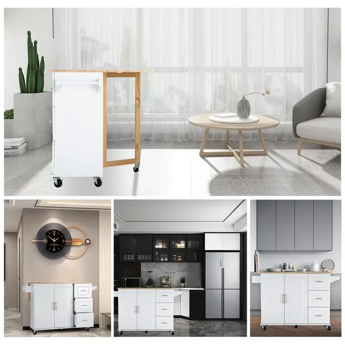White Wood 53.9 in. Kitchen Island with Extensible Rubber Wood Table Top With 3-Big Drawers