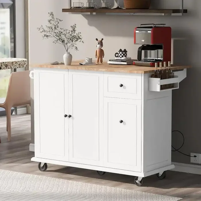 White Wood 53.94 in. Kitchen Island with Drop Leaf, Drawer, Solid Wood Feet, Internal Storage Rack and Spice Rack