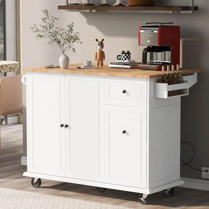 White Wood 53.94 in. W Kitchen Island with Wheels Drop Leaf Storage Rack 3 Tier Pull Out Cabinet Organizer Spice Rack