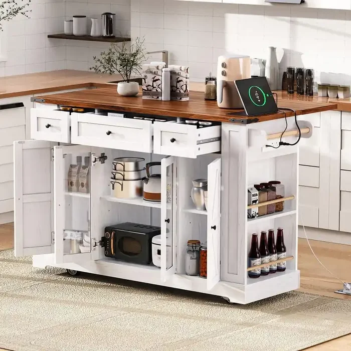 White Wood 53 in. Kitchen Island with Tempered Glass Door Storage Cabinet, Power Outlet, Drop Leaf and 5 Open Side Racks