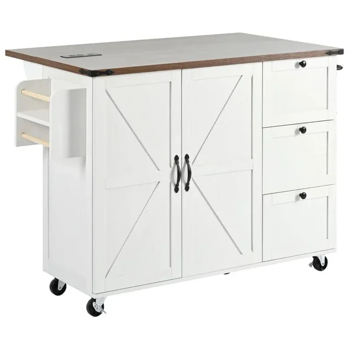 White Wood 54.5 in. Kitchen Island with Drop Leaf, Spice Rack and Drawer for Home, Kitchen
