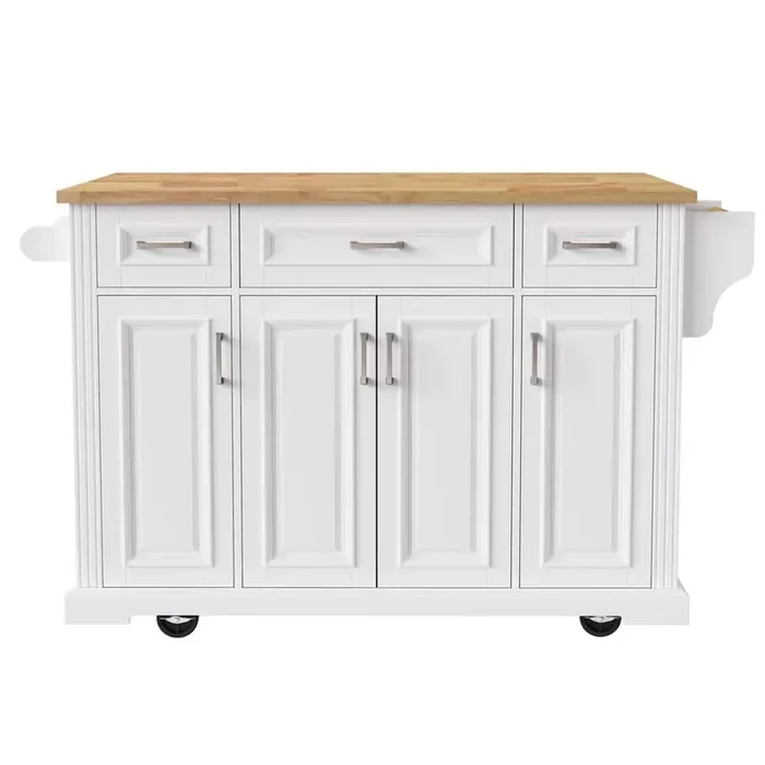 White Wood 54 in. Rolling Kitchen Island with Rubber Wood Drop Leaf, 4 Doors and 3 Drawers