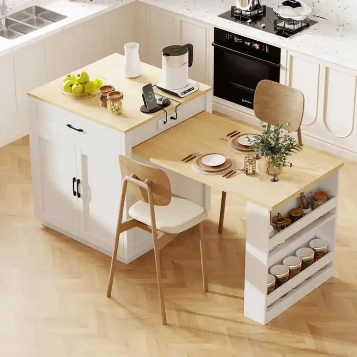 White Wood 55.1 in. Kitchen Island with Extendable Dining Table, Luxury Kitchen Island Cart with Power Outlet & Storage