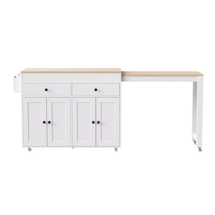 White Wood 74.5 in. Rolling Kitchen Island with Extendable Dining Table, 2 Drawers, Spice Rack and 4 Doors