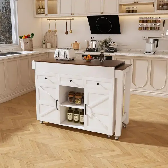 White Wood 74.8 in. Rolling Storage Kitchen Island with Extendable Dining Table and Power Outlet
