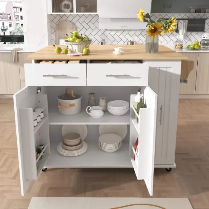 White Wood MDF 46 in. W Rolling Kitchen Island on Wheels with Drop Leaf, Towel Rack and 2 Drawers