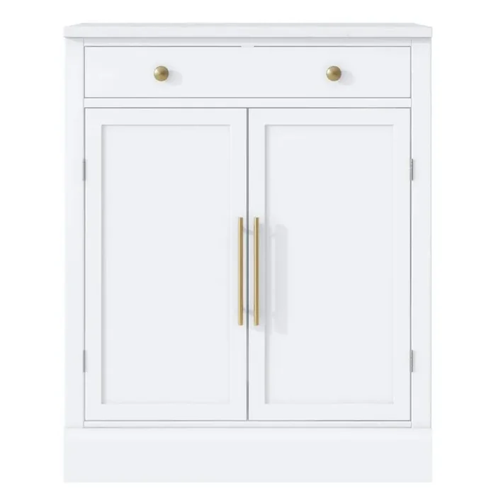 White Wood Pantry Organizer with Coffee Bar Cabinet with Drawer, 2 Adjustable Shelves and 2-Door Shelves for Dining