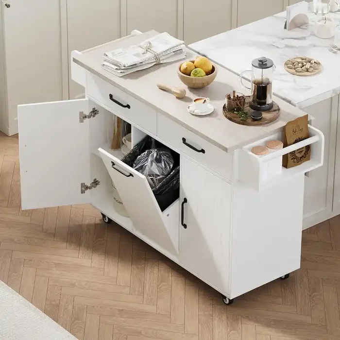 White Wood Rolling Kitchen Cart with Trash Can Storage Cabinet, Drop Leaf, Spice Rack, Towel Rack and Drawer
