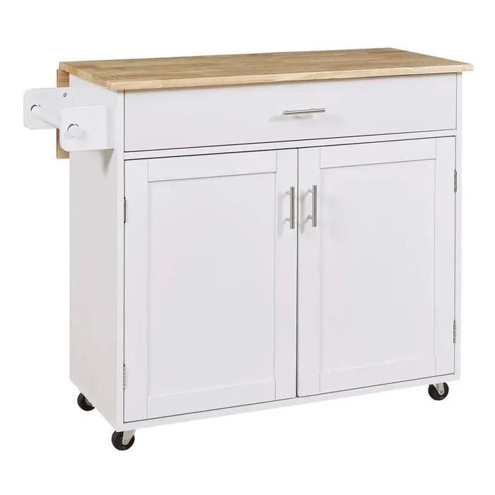 White Wooden 39 in. Kitchen Island with 1 Drawer, Internal Storage Rack and Rubber Wood Top, Rolling Type