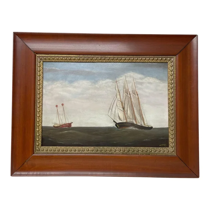 William Bradley Eaton “Barkentine Passing Nantucket Shoal Lightship” Dated 1874 Oill on Canvas, Framed