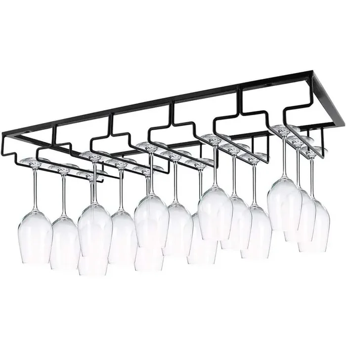 Wine Glasses Rack Under Cabinet Black Wire Glass Holder Storage Hanger for Kitchen Bar 5 Rows
