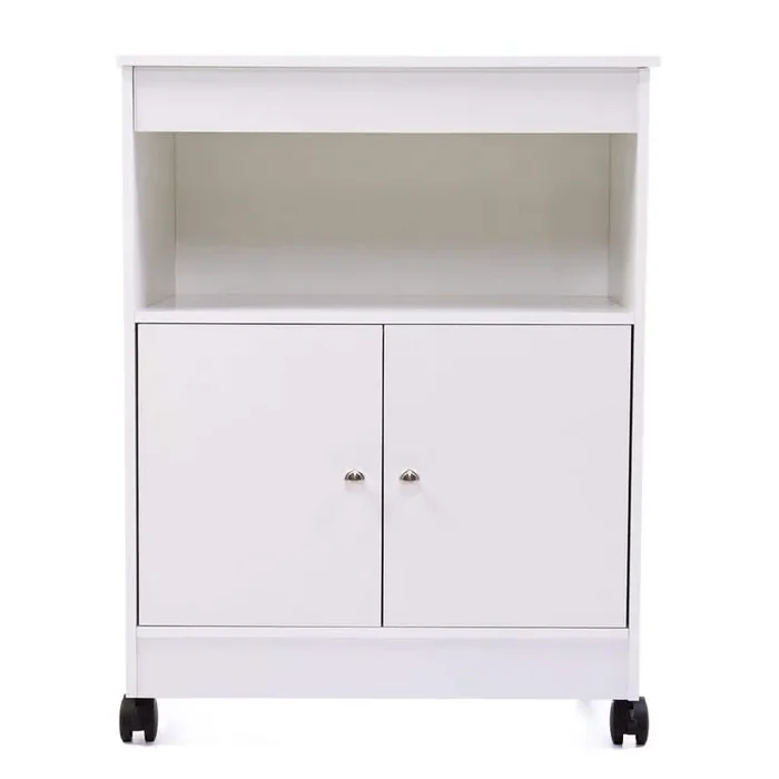 Wood Kitchen Microwave Cart Cabinet 4-Universal Wheels and Roomy Inner Space Home Use, White