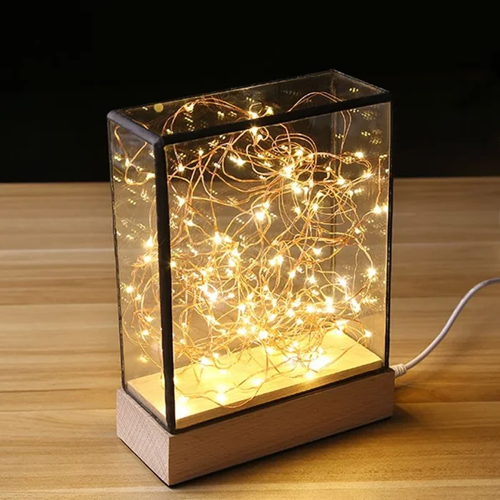 Wood Square Table with USB Chargeable LED String Lights